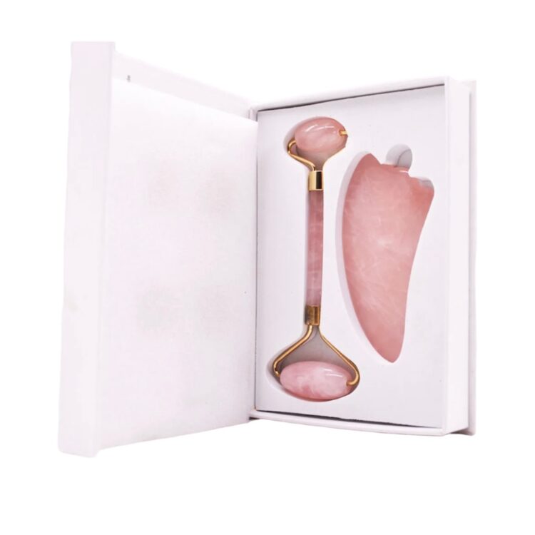 Zestaw GUA SHA różowy kwarc roller i muszelka